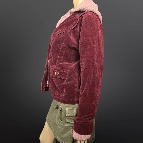 Y2K Lady Dutch Fitted Jacket Coat Size L Burgundy Corduroy Pink Knit Hooded - Picture 7 of 16